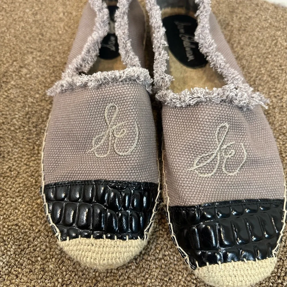Sam Edelman Gray Fringe Logo Espadrille Flats with Black Croc Toe Size 10